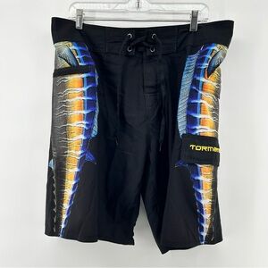 Tormenter Mahi Fishing Black Blue Board Shorts Swim Trunks Pockets Surf Mens 34